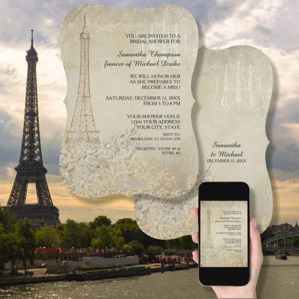Tan Vintage Paris Parisian Stylish Bridal Shower Invitations