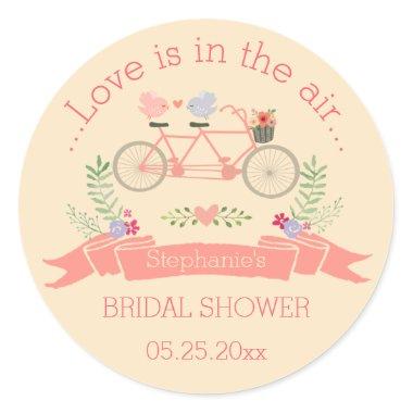 Tandem Bicycle, Birds and Banner Bridal Shower Classic Round Sticker