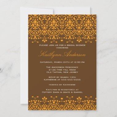 Tangerine & Brown Damask Bridal Shower Invitations