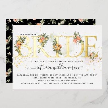 Tangerine Citrus and Gold Floral Bridal Shower Foil Invitations