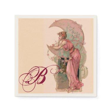 TAROTS/ LADY OF THE MOON, FLOWERS IN PINK MONOGRAM PAPER NAPKINS