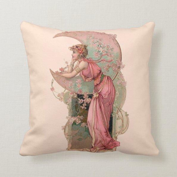TAROTS/ LADY OF THE MOON, FLOWERS IN PINK THROW PILLOW