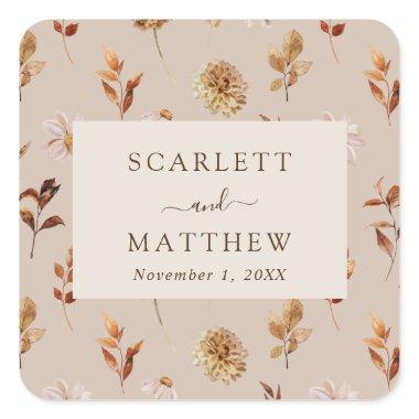 Taupe Autumn Leaves Wedding Square Sticker