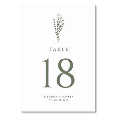 Taupe Green Minimalist Floral Bouquet Wedding Table Number