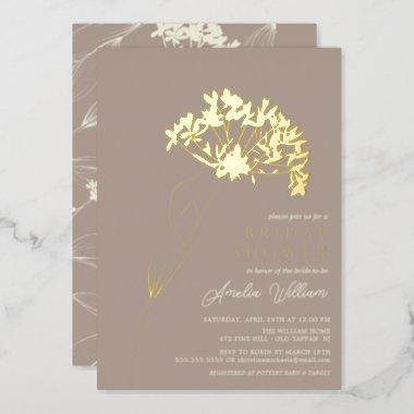 Taupe Modern Floral Bridal Shower Foil Invitations