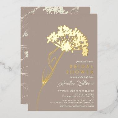 Taupe Modern Floral Bridal Shower Foil Invitations