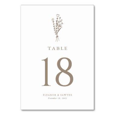Taupe Modern Minimalist Floral Bouquet Wedding Table Number