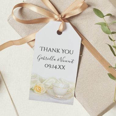 Tea Cup and White Rose Flower Wedding Favor Tags