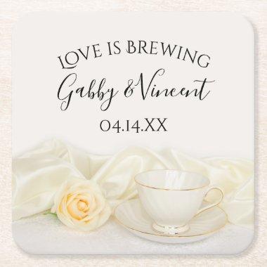 Tea Cup and White Rose Wedding Love is Brewing Square Paper Coaster