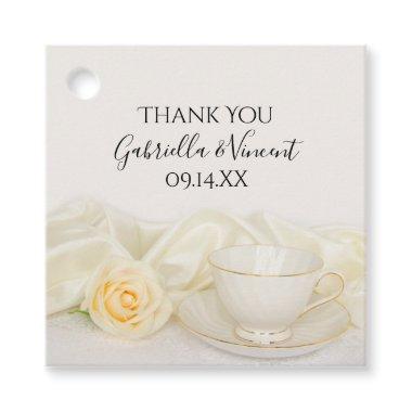 Tea Cup with White Rose Flower Wedding Favor Tags