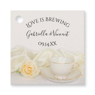 Tea Cup with White Rose Love is Brewing Wedding Favor Tags