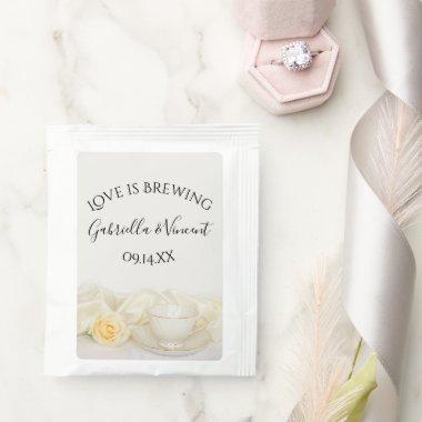 Tea Cup with White Rose Love is Brewing Wedding Tea Bag Drink Mix