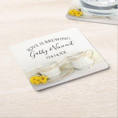 Tea Cup with Yellow Daisie Wedding Love is Brewing Square Paper Coaster