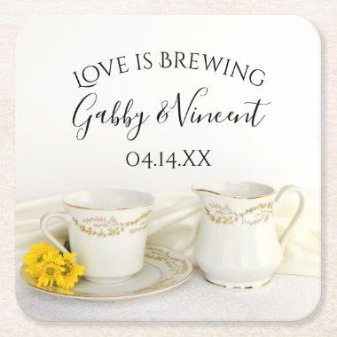 Tea Cup with Yellow Daisie Wedding Love is Brewing Square Paper Coaster