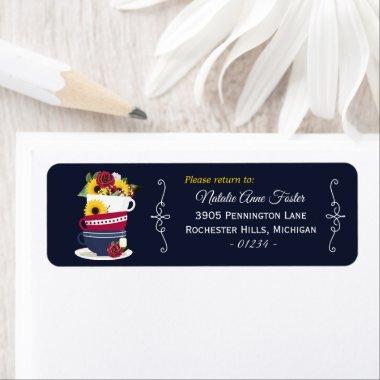 Tea Cups Stacked Roses & Sunflowers Return Address Label