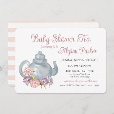 Tea Party Baby Shower Floral Tea Pot Invitations