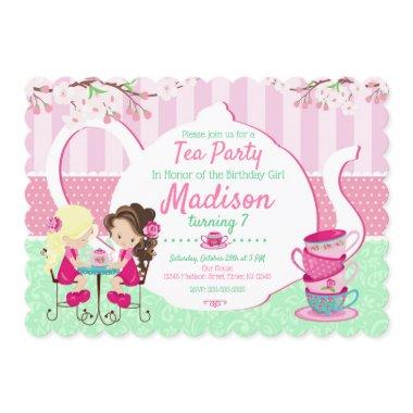 Tea Party Birthday Invitations / Girl / Pink Teal