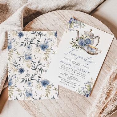 Tea Party Blue Floral Watercolor Bridal Shower Invitations