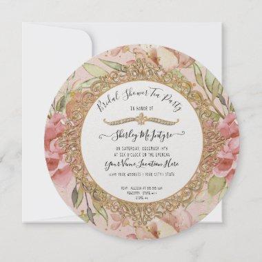 Tea Party Blush Pink Floral Gold Bridal Shower Invitations