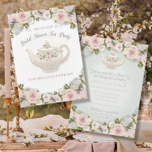 Tea Party Blush Rose Succulent Leaf Bridal Shower Invitations
