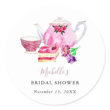 Tea Party Bridal Shower Blush Dusty Rose Teapot Classic Round Sticker