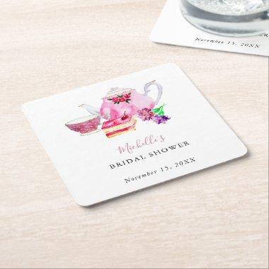 Tea Party  Blush Dusty Rose Teapot Square Paper Coaster