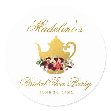 Tea Party Bridal Shower Burgundy Boho Floral Classic Round Sticker