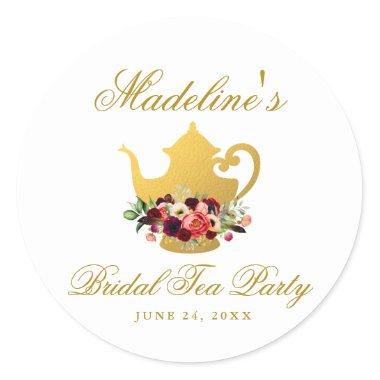 Tea Party Bridal Shower Burgundy Floral Boho Classic Round Sticker