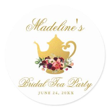 Tea Party Bridal Shower Burgundy Floral Boho Classic Round Sticker