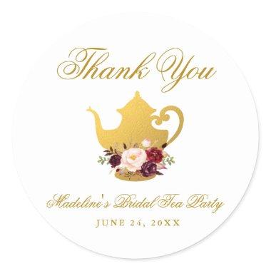 Tea Party Bridal Shower Burgundy Floral Thank You Classic Round Sticker