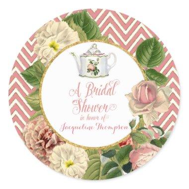 Tea Party Bridal Shower Chevron Stripes Rose Classic Round Sticker