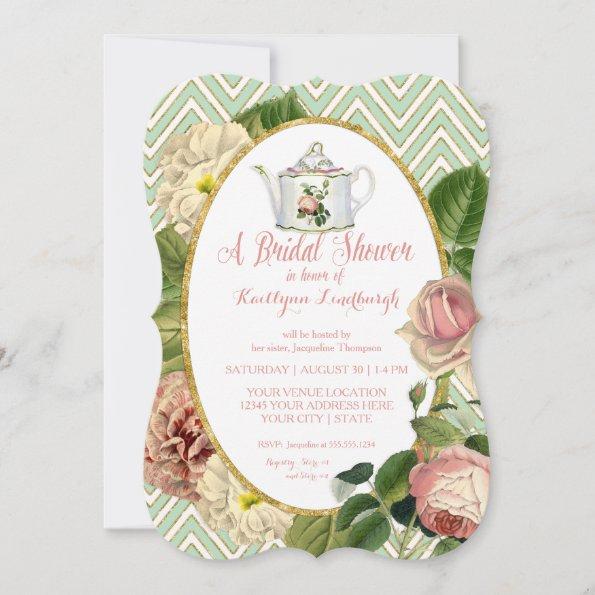Tea Party Bridal Shower Chevron Stripes Rose Invitations