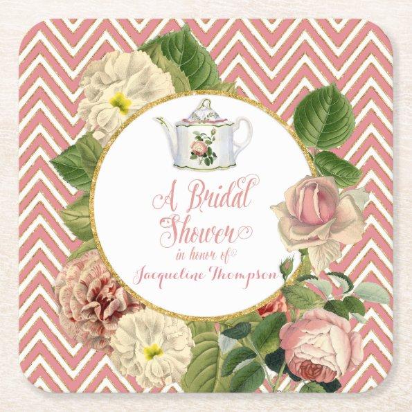 Tea Party Bridal Shower Chevron Stripes Rose Square Paper Coaster