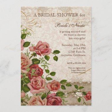 Tea Party Bridal Shower Rose Vintage Floral Invitations