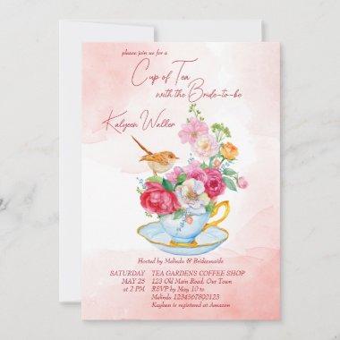 Tea party bridal shower tea cup with flowers pink Invitations