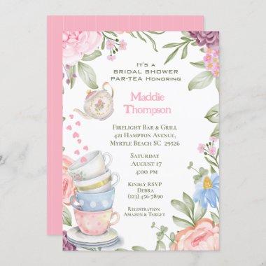 Tea Party Elegant Pink Green Bridal Shower   Invitations