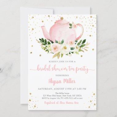 Tea Party Pink Gold Floral Bridal Shower Invitations