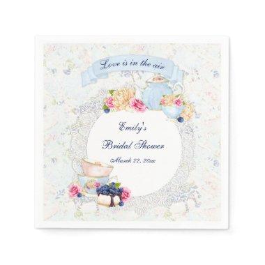 Tea Party Teacups Teapot Blue White Pink Lace Napkins