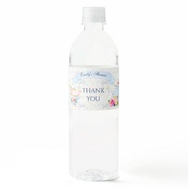 Tea Party Teacups Teapot Blue White Pink Water Bottle Label