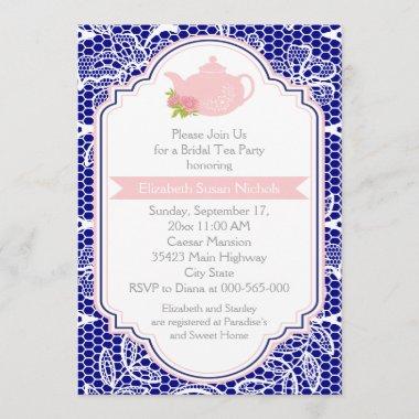 Tea party teapot, lace pink, navy bridal shower Invitations