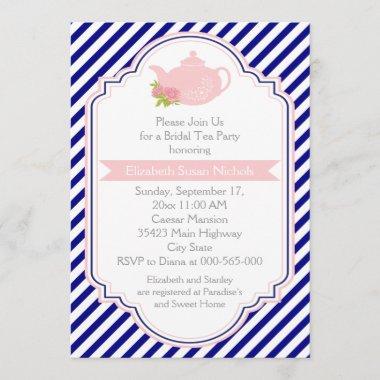 Tea party teapot, stripes pink navy bridal shower Invitations