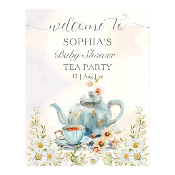 Tea Party Watercolor Teapot Boy Baby Shower Poster
