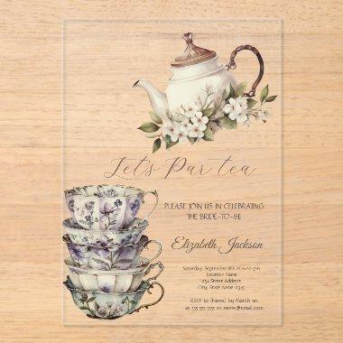 Tea Set Cup Teapot Flowers Gold  Acrylic