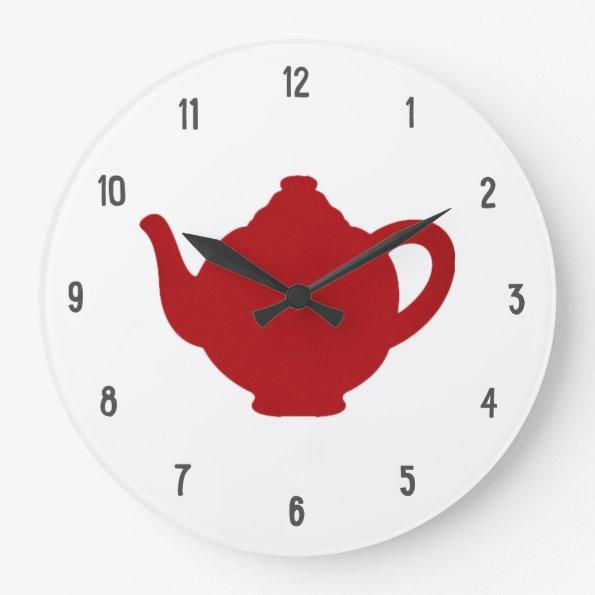 Tea Time Clock, modern red teapot Large Clock