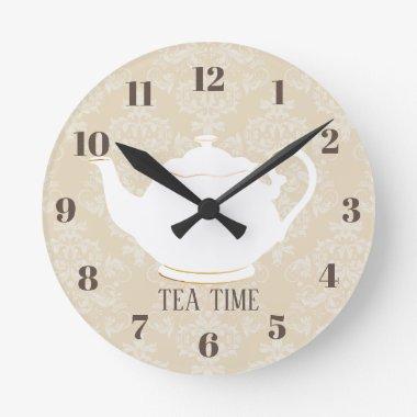 Tea Time Elegant Teapot Cream Damask Round Clock