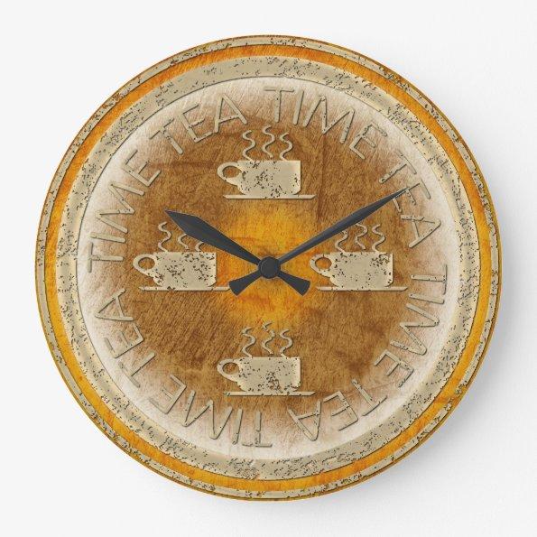 Tea Time Gold on Orange Gradient Large Clock