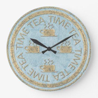 Tea Time Gold on Pastel Blue Large Clock