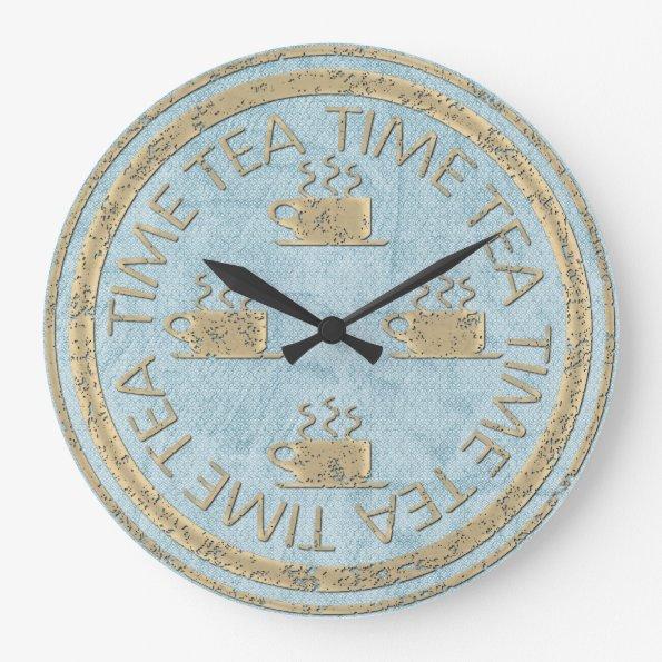 Tea Time Gold on Pastel Blue Large Clock