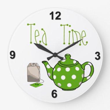 Tea Time Green & White Kitchen Large Clock