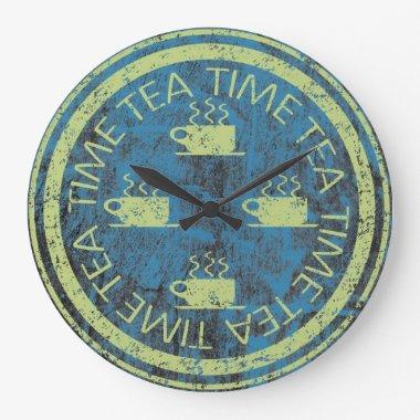 Tea Time Lime Green on Blue Large Clock